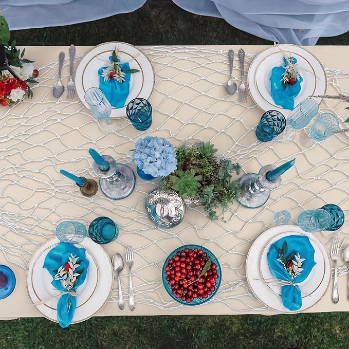 Unittype 8 Pcs Fish Net Decorative and Tablecloth Set, Cotton Fishnet and Plastic Table Cover Decorations Set for Nautical Themed Party Baby Shower Pirate Decorations Mermaid Party (Multiple Color)
