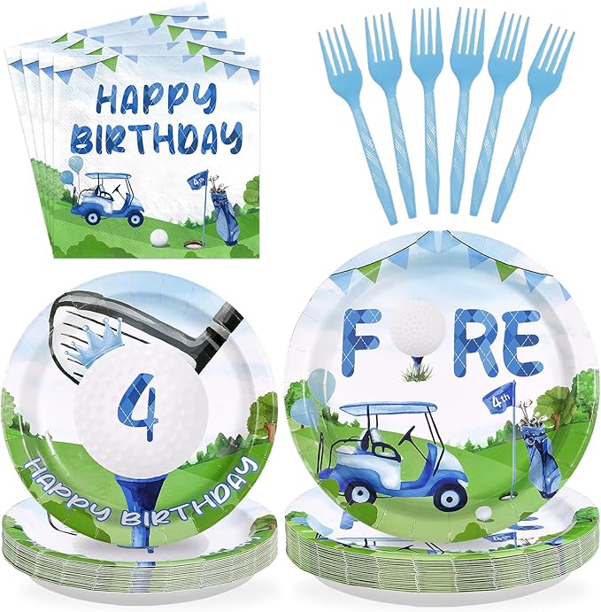 96 Pcs Golf 4th Birthday Party Supplies Golf Ball Sports Theme Party Plates and Napkins Disposable Blue Green Tableware Set for Kids Boys Four Birthday Decorations Serves 24