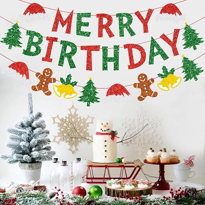 Zwiebeco Merry Christmas Birthday Party Decorations Red Green Banner Hanging Paper Tree Gingerbread Man Bells Hat Sign for Xmas Wall Home Garden Outdoor Accessories Supplies
