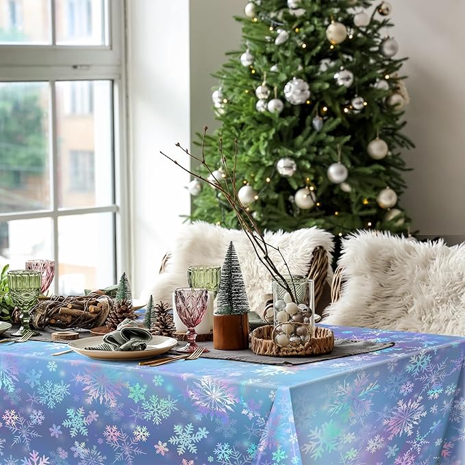 Kochorie 100 Ft x 54 Inch Iridescent Winter Snowflake Tablecloth Roll with Cutter Box Holographic Blue and Purple Snowflake Wonderland Table Cover Backdrop for Frozen Birthday Party Supplies
