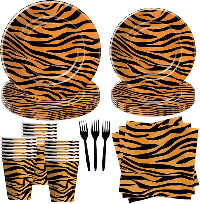 Tiger Print Birthday Plates And Napkins Party Supplies, Safari Jungle Animal Tiger Texture Print Party Decorations Tableware, Plate, Cup, Napkin, Fork | Serves 24