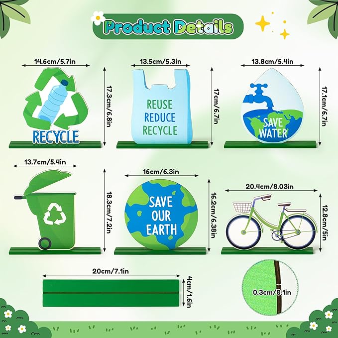6Pcs Earth Day Cute Tiered Tray Decoration Centerpieces, Environmental Protection Wood Sign Recycle Save Water Table Topper Decor Happy Earth Day Supplies for School Home Office Desk Shelf