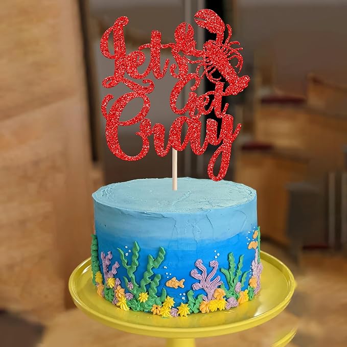 1 PCS Crawfish Cake Topper Red Glitter Let's Get Cray Cake Pick Crawfish Party Cake Decoration for Lobster Theme Carnival Baby Shower Birthday Single Divorce Party Cake Decorations Supplies