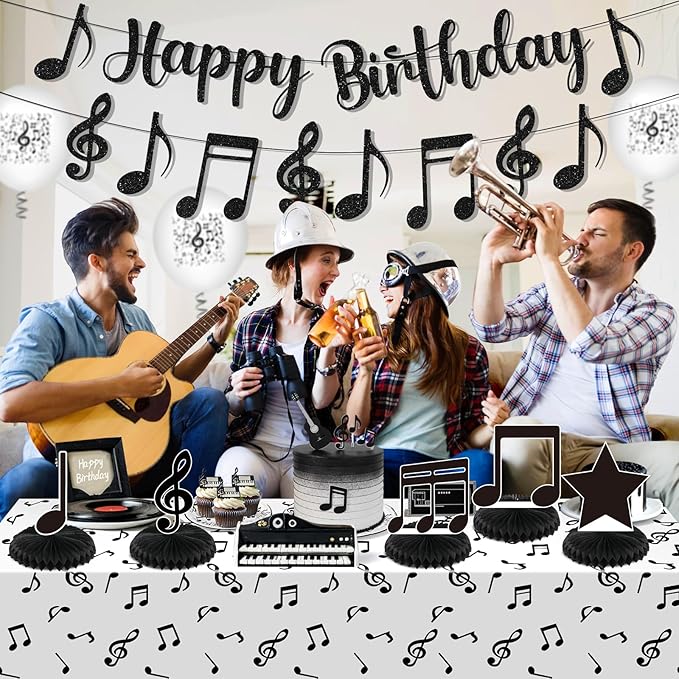 Music Party Decorations Black Musical Note Happy Birthday Bunting Banner Notes Tablecloth and 5Pcs Table Honeycomb Centerpieces Decor for Girls Kids Adults Music Themed Birthday Wedding Party Supplies
