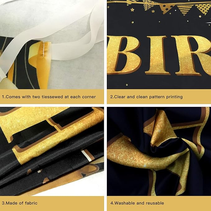 Large Happy 18th Birthday Decoration Banner, Black and Gold Happy 18th Birthday Banner Sign, 18th Birthday Party Decorations Supplies(9.8x1.6ft)