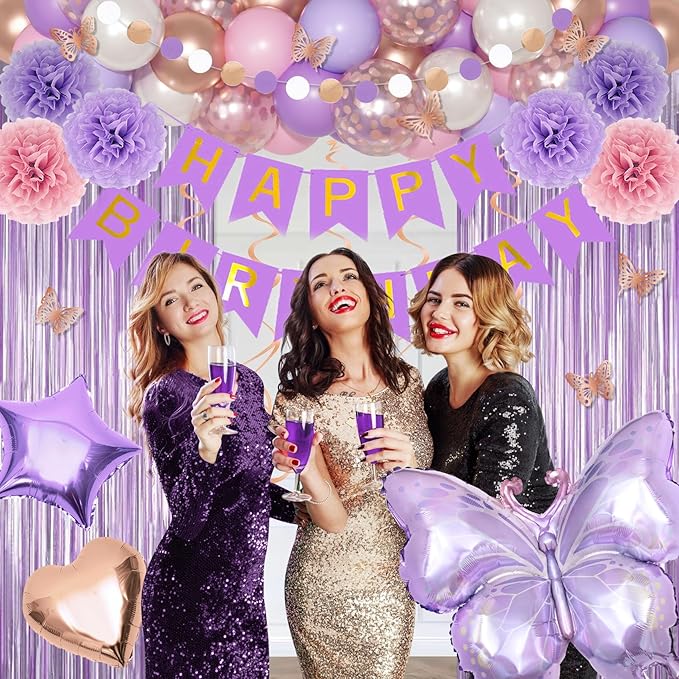 Purple Pink Birthday Party Decorations, Butterfly Confetti Rose Gold Lavender Balloons Happy Birthday Banner Fringe Curtains Hanging Swirls Circle Dots Tassels Pompoms for Women Girls Party Supplies