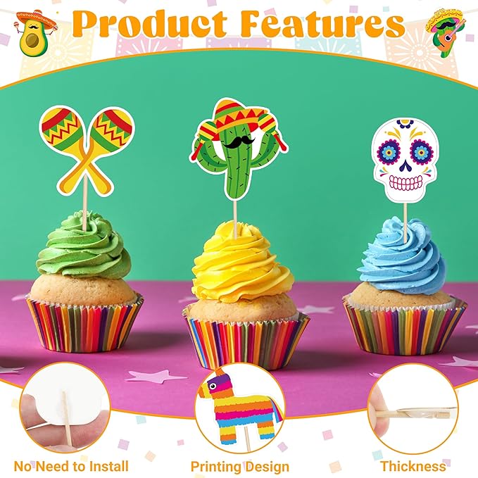 48 PCS Cinco De Mayo Cupcake Toppers, 12 Style Mexican Party Decorations, Chili Cactus Sombrero Printing Design Fiesta Cake Toppers Cupcake Picks, Cinco De Mayo Decor for Mexican Party