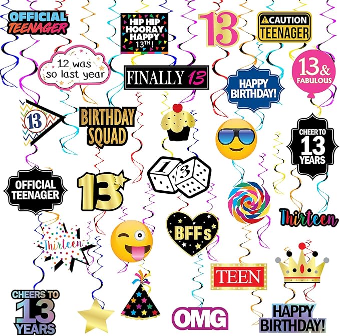 13th Birthday Hanging Swirls - 28 Pieces - Funny 13th Birthday Party Supplies for Him or Her - Decorations, Gifts and Favors