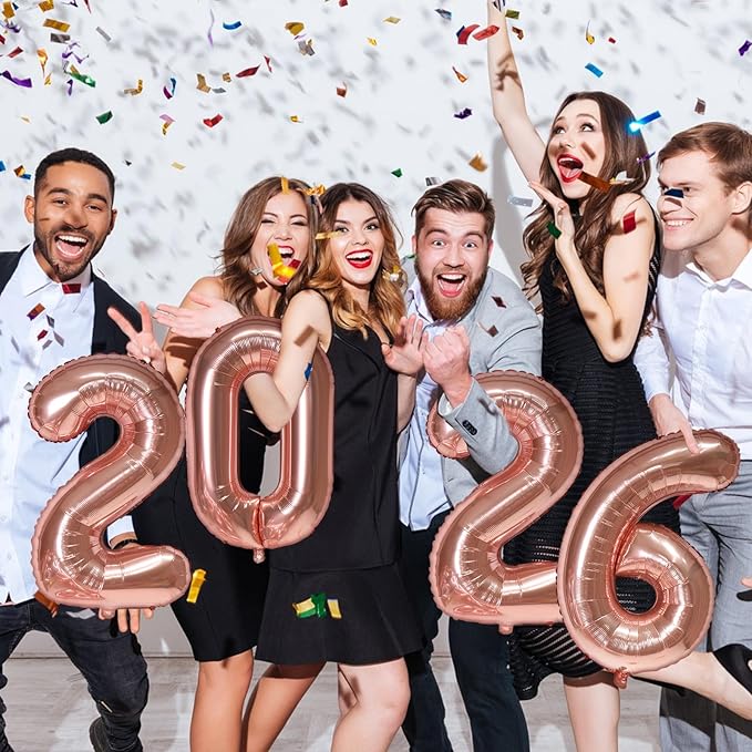KALOR 16 Inch 2026 Rose Gold Foil Number Balloons, 2026 New Years Decorations for 2026 Happy New Year Eve and Graduations Party Supplies