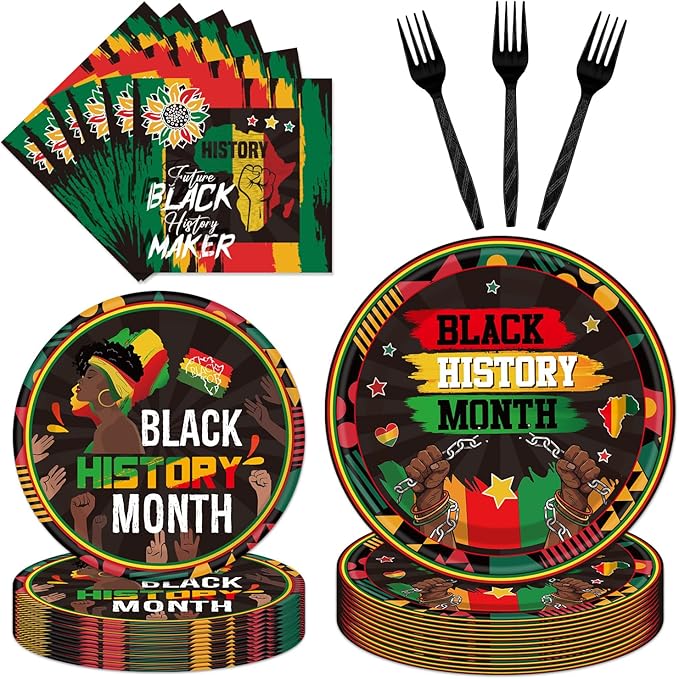 Black History Month Decorations - 96PCS Black History Plates and Napkins Party Supplies African American Black History Decor Freedom Day BHM Disposable Tableware Set Serve 24 Guests