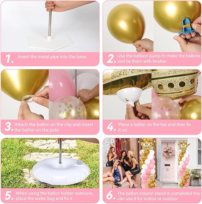 2 Sets Princess Party Balloon Column Stand Kit With 102 Crown Foil Balloons 5.57Ft Adjustable Balloon Tower Stand With Base Pink and Gold Arch Column for Girls Birthday Baby Shower Party Supplies