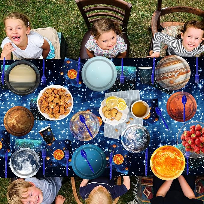 Space Theme Party Decorations 142Pcs Galaxy Planet Outer Space Disposable Plates and Napkins Cups Tablecloth Banner Knives Forks Spoons for Kids Space Solar System Planets Birthday Party Supplies