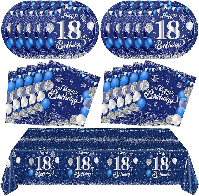 Blue 18th Birthday Decorations for Boys Girls Navy Blue Silver Happy 18th Birthday Napkins Tablecloth Plates for 18th Birthday Anniversary Party Supplies 18 Year Old Party Decorations