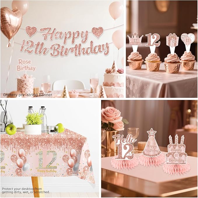 201 Pcs 12th Birthday Decorations for Girls, Pre-assembled Happy 12th Birthday Banner Cake Topper Rose Gold Plates and Napkins Party Supplies with 2 Pcs 12 Birthday Tablecloth for 12 Year Old Girl