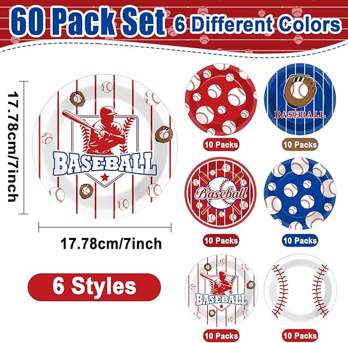60Pcs Baseball Birthday Party Supplies Baseball Dessert Plates 7inch Disposable Baseballs Tableware Party Decorations for Sport Baseballs Gamed Day Parties Supplies Favors for 60 Guest