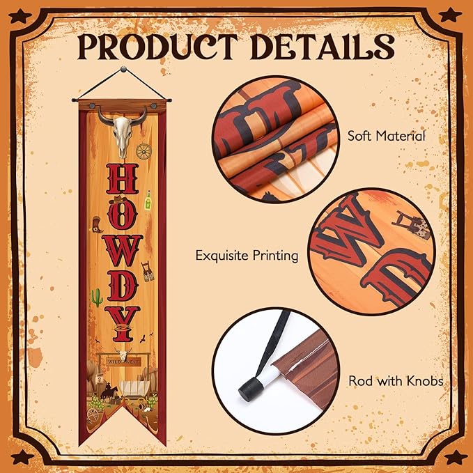 4 Western Party Decorations Cowboy Banners Wild West Hanging Decor Howdy Yes Haw Porch Sign Backdrops for Indoor Outdoor Cowboy Birthday Photo Props Wedding Party Supplies (Wild)