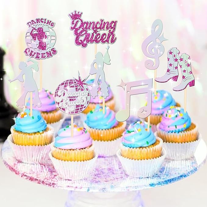 24 PCS Dancing Queen Cupcake Toppers Glitter Music Note Singer Dancer Cupcake Picks Vintage 70s Disco Dancing Cake Decorations for Disco Ball Music Theme Wedding Birthday Party Supplies Rose Red
