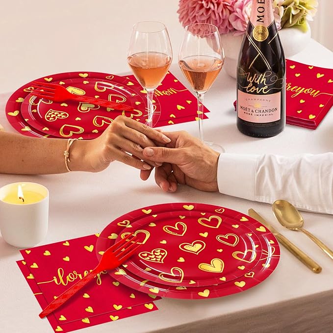 96 Pieces Valentine’s Day Love Tableware Set – Red and Gold Heart Disposable Plates, Napkins, and Forks for Romantic Dinners, Wedding, Anniversaries, and Valentine Celebrations – Serves 24 Guests