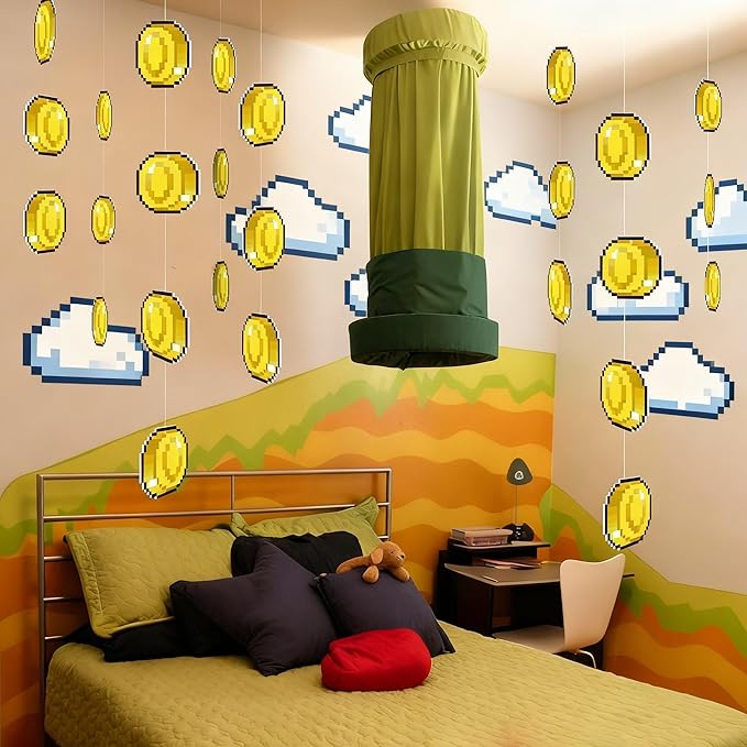 Epakh 24 Pcs Super Themed Party Decorations Hanging Birthday Party Decoration Gold Video Game Theme Ornaments Banners for Baby Shower Favors Super Game Room Home Supplies(Coin)