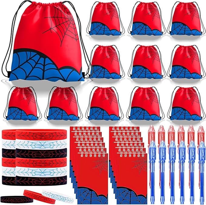 Spider Party Favors, Movie Hero Theme Birthday Party Supplies & Goodie Bags for Kids, Include Drawstring Bags Notebook Silicone Bracelet Highlighter for Gifts Fillers
