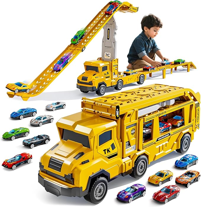 Truck Toys for Kids, Transport Vehicle with 12 Die-Cast Car, Double Race Car Track Cars Ramp Toy, Carrier Truck for Toddler 3-5, Christmas Birthday Gift for 3 4 5 6 7 8 Years Old Boys Girls