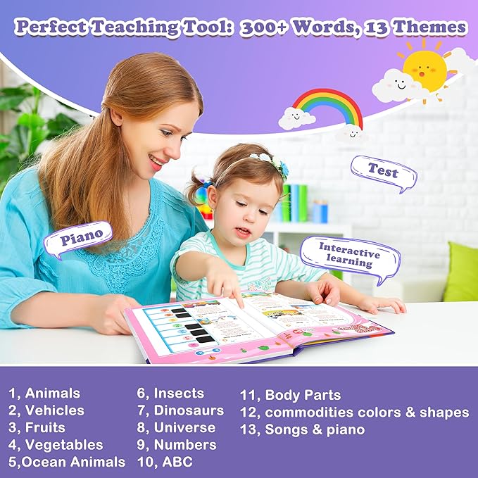 English Words Sound Book -Total 300+Words, 13 Themes, Interactive Audio Sound Books for Toddlers, Autism Sensory Games, Early Educational Gifts,Birthday Gift for Toddlers Kids Age 3 4 5