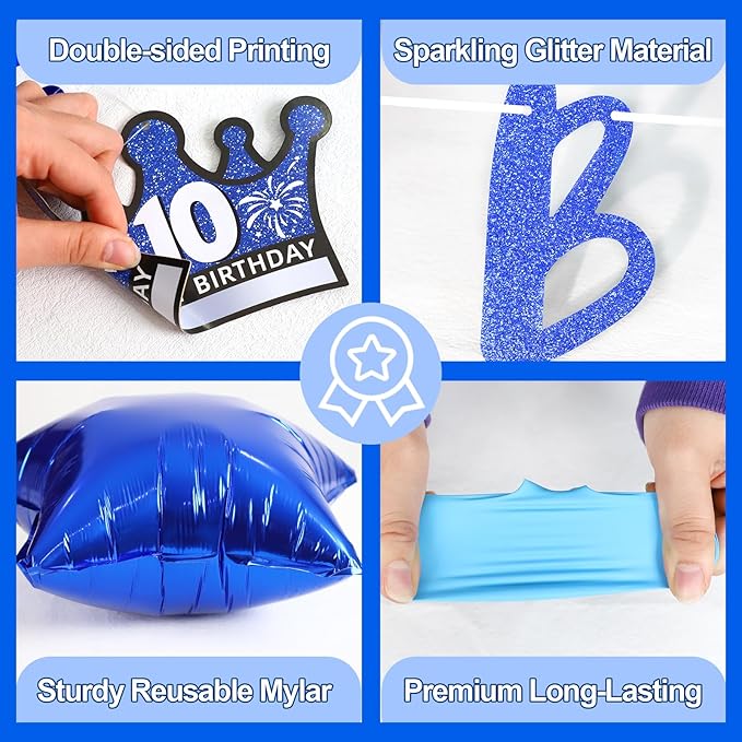 10th Birthday Decorations for Boys Blue, Double Digits Birthday Party Supplies with Out Single Digits I'm 10 Backdrop Balloons Glitter Banner for 10 Year Old Birthday Decoration