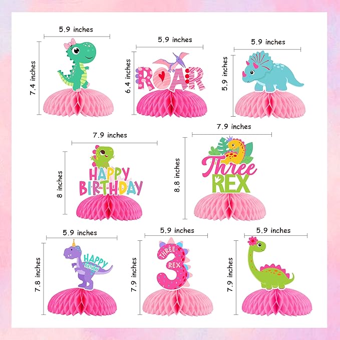 Pink Dinosaur Honeycomb Centerpieces, Little Dinosaur Three Rex Roar Birthday Table Toppers Decorations for Girl’s T-Rex Themed 3rd Birthday Party Supplies