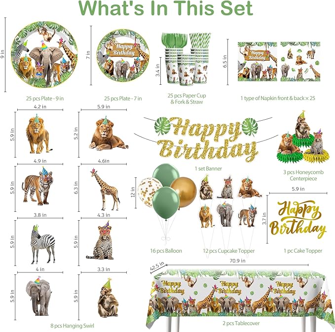 201pcs Safari Birthday Decorations Tableware Set, 25 Serves Safari Plates and Napkins for Party with 2pcs Tablecloth, Banner, Balloons for Jungle Birthday Party Decorations