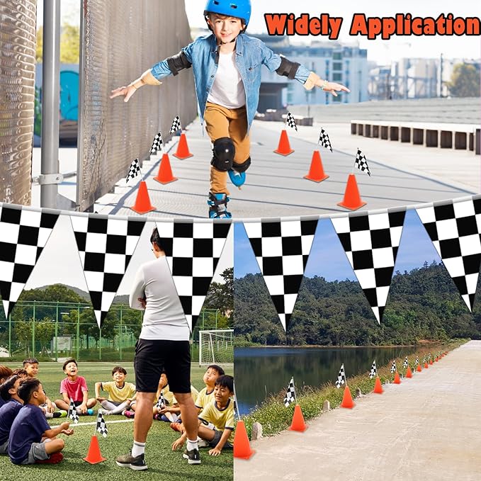 Windspeed Race Car Party Supplies, 38 Pcs Set: 24 Checkered Flags, 12 Mini Traffic Cones, 6.5Ft Racetrack Mat, 9.8Ft Hanging Flag, Birthday Decorations