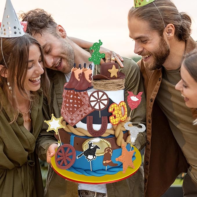 Hooqict 18Pcs Cowboy Cake Decorations Set with Mini Cowboy Hat and Boots, Western Cake Toppers & Rodeo Cupcake Toppers for Wild West Country Themed Birthday Party Decorations Favors