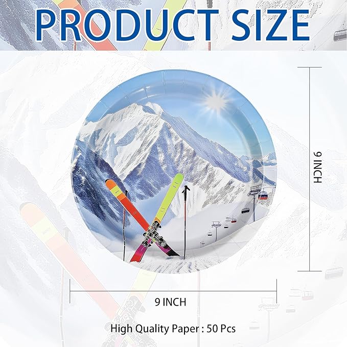 50Pcs Winter Ski Paper Plates 9 Inch Heavy Duty Disposable Skiing Snowy Mountain Dessert Plates Winter Mountain Ski Sport Adventure Decorations for Boys Girls Skier Birthday Holiday Party Supplies