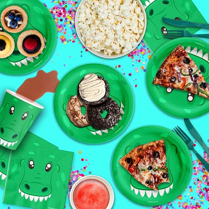 Alligator Birthday Party Supplies - Baby Alligator Tableware Set for Boy's Birthday - Kit Includes Plates, Napkins and Cups - For 16 Guests