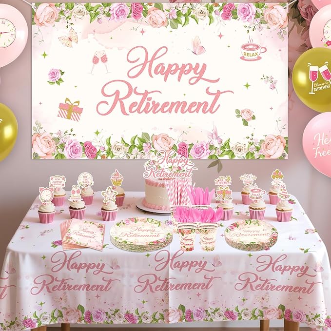 Floral Retirement Party Decorations - Pink Retirement Party Supplies including Backdrop, Plate, Cake Topper, Cup, Napkin, Balloon, Tablecloth - Serves 20