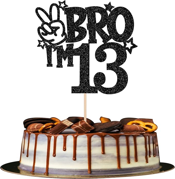1 PCS Brother I'm 13 Cake Topper Glitter Star Happy 13th Birthday Cake Pick Bro I'm 13 Cake Decoration It's My 13th Birthday Decorations for Boys Cheers to 13 Years Old Birthday Party Supplies Black