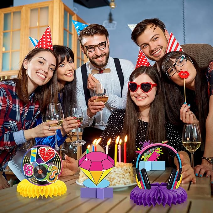 Pasimy 16 Pcs 80s Party Decorations 1980s Honeycomb Centerpieces 3D Hip Hop Table Toppers Back to The 80s Retro Rock Hippie Photo Props for Throwback Birthday Neon Party Favors Supplies