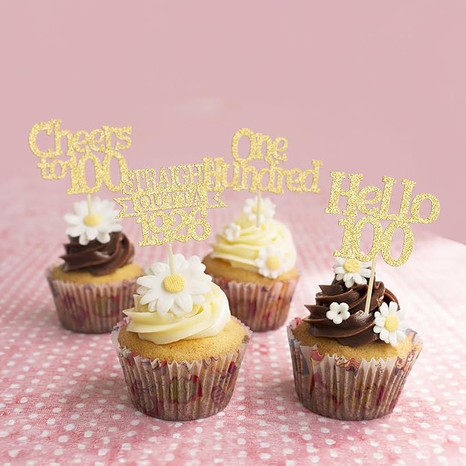 Ephlyn 24Pcs Happy 100th Birthday Cupcake Toppers Glitter Straight Outta 1926 Cupcake Picks Hello 100 Cheers to 100 Years Birthday Cake Decorations for 100th Anniversary Party Supplies Gold