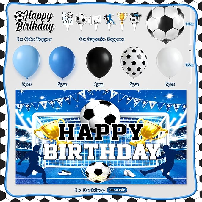 Soccer Birthday Party Decorations, 44Pcs Soccer Party Decorations with Happy Birthday Backdrop Tablecloth Foil & Latex Balloons and Cake Toppers Honeycomb Centerpieces for Boys’ Sports Party Supplies