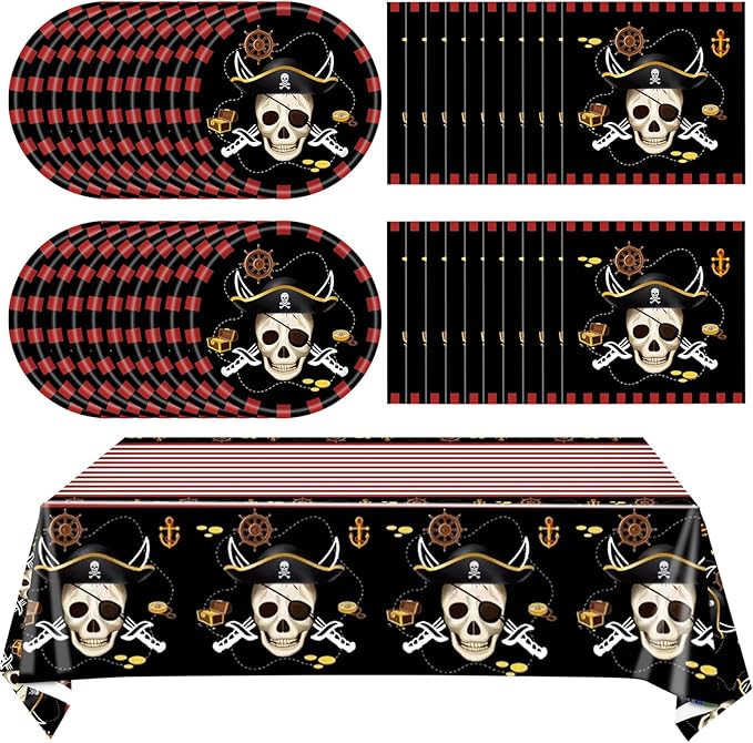 41pcs Pirate Tableware Set Includes 20 Plates, 20 Npkins and 1 Tablecloth, Pirate Ship Theme Party Supplies Decorations Pirate Dinnerware for Adult Teens Kids Table Decor, 20 Guests