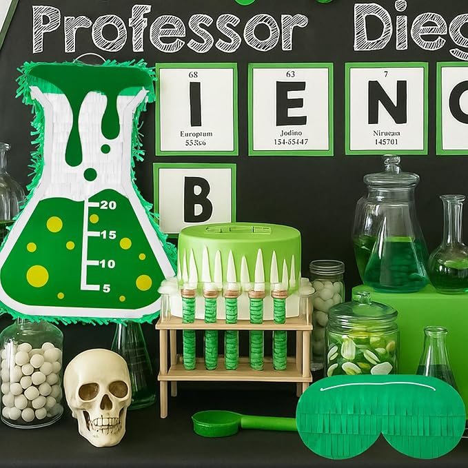 Soulchen Mad Scientist Science Beaker Piñata with Rod and Mask Blindfold 15.75 x 11.8 x 3.5 Inches for Science Party Halloween Decorations Birthday Party Supplies Games