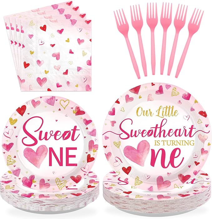 96Pcs Valentines 1st Birthday Party Decorations Valentine Sweet One Plates and Napkins Our Little Sweetheart is Turning One Party Decoration for Valentine's First Year Old Birthday Supplies Serves 24