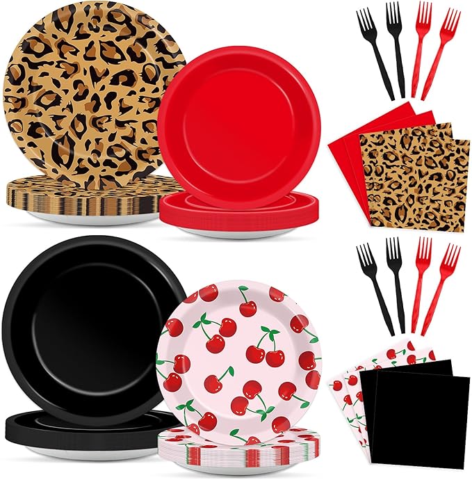 96Pcs Leopard Birthday Party Decorations Paper Red and Black Plates and Napkins Themed Cherry Cheetah Print Dinnerware Tablewares for Women Girls Bachelorette Party Supplies Serve 24 Guest