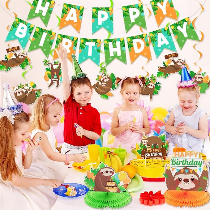 Sloth Birthday Party Decorations Set Sloth Theme Happy Birthday Banner Cake Toppers and 3 Pieces Honeycomb Table Centerpiece for Baby Shower
