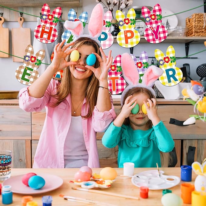 CC HOME Happy Easter Checkered Rabbit Banner Colorful Checkered Party Hanging Banner Easter Theme Birthday Bridal Wedding Baby Shower Boys Girls Kids Home Classroom Party Supplies Decoration