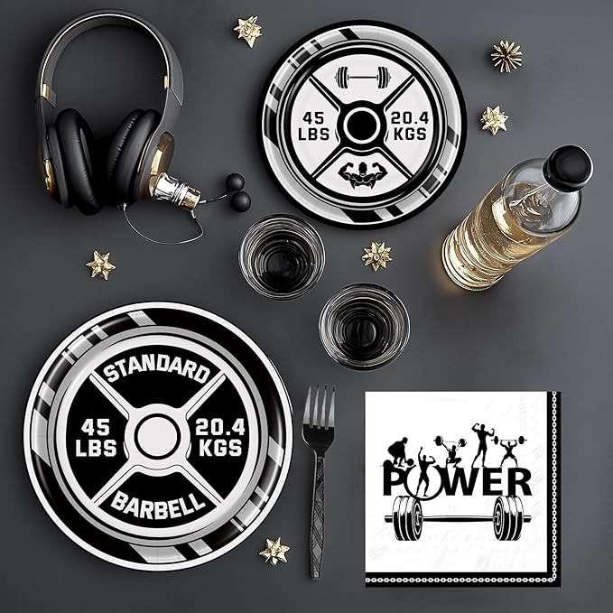 BQC 96 Pcs Gym Party Plates & Decorations - Birthday Party Supplies & Favors