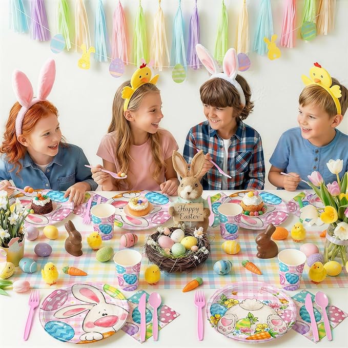 168PCS Easter Party Supplies Easter Egg Party Decorations with Pink Plaid Bunny Paper Plates and Napkins Cups for Spring Themed Easter Birthday Party Serves 24