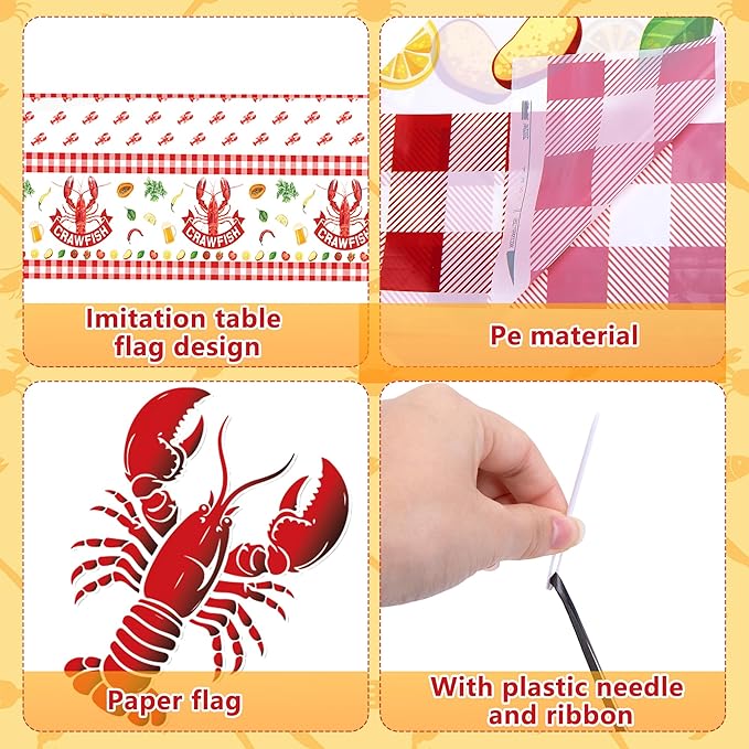 Iceyyyy 4 Pcs Crawfish Party Decorations Set-108"x54" White and Red Tablecloth & 32.8Ft Lobster Banner-Crawfish Boil Party Supplies for Birthday Party Lobster Festival Summer Barbecue Decor Supplies