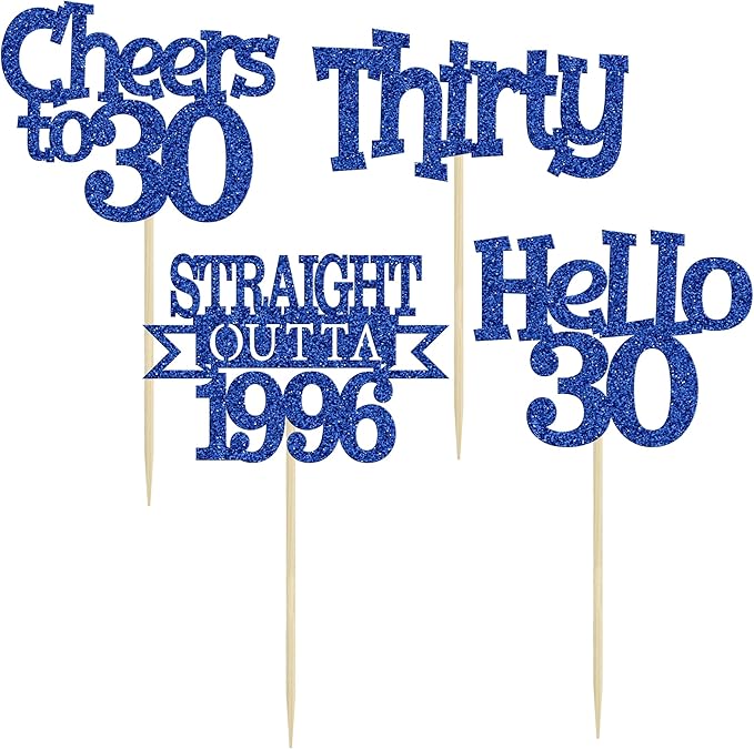 Ephlyn 24Pcs Happy 30th Birthday Cupcake Toppers Glitter Thirty Cupcake Picks Hello 30 Cheers to 30 Years Cake Decorations for 30th Birthday Anniversary Party Decorations Supplies Blue