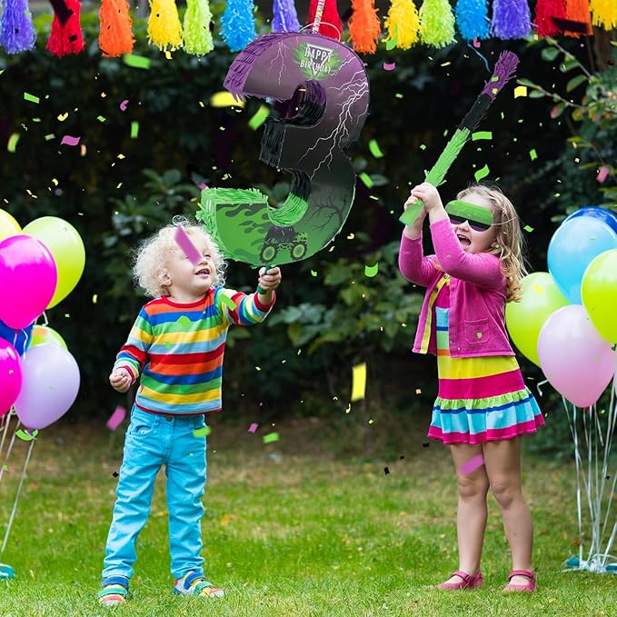 Number 3 Monster Truck Car Piñata Green and Purple Pinata for Birthday Party Decorations Number 3 with Blindfold Stick Small Monster Truck Theme 3rd Party Supplies 15.8 x 11.5 x 2.45 Inch