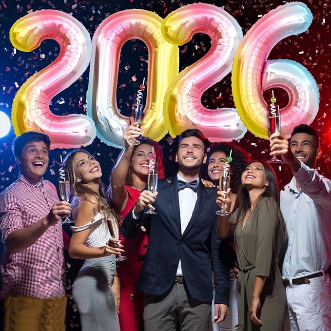 KALOR 42 Inch 2026 Rainbow Foil Mylar Number Balloons, 2026 New Years Decorations for 2026 Happy New Year Eve and Graduations Party Supplies